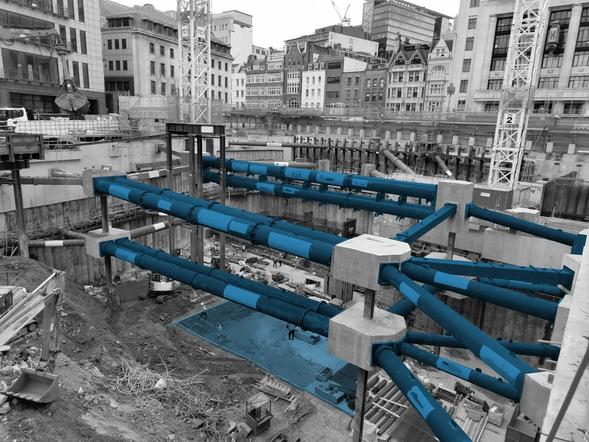 Commercial basement excavation in central London with temporary propping in place