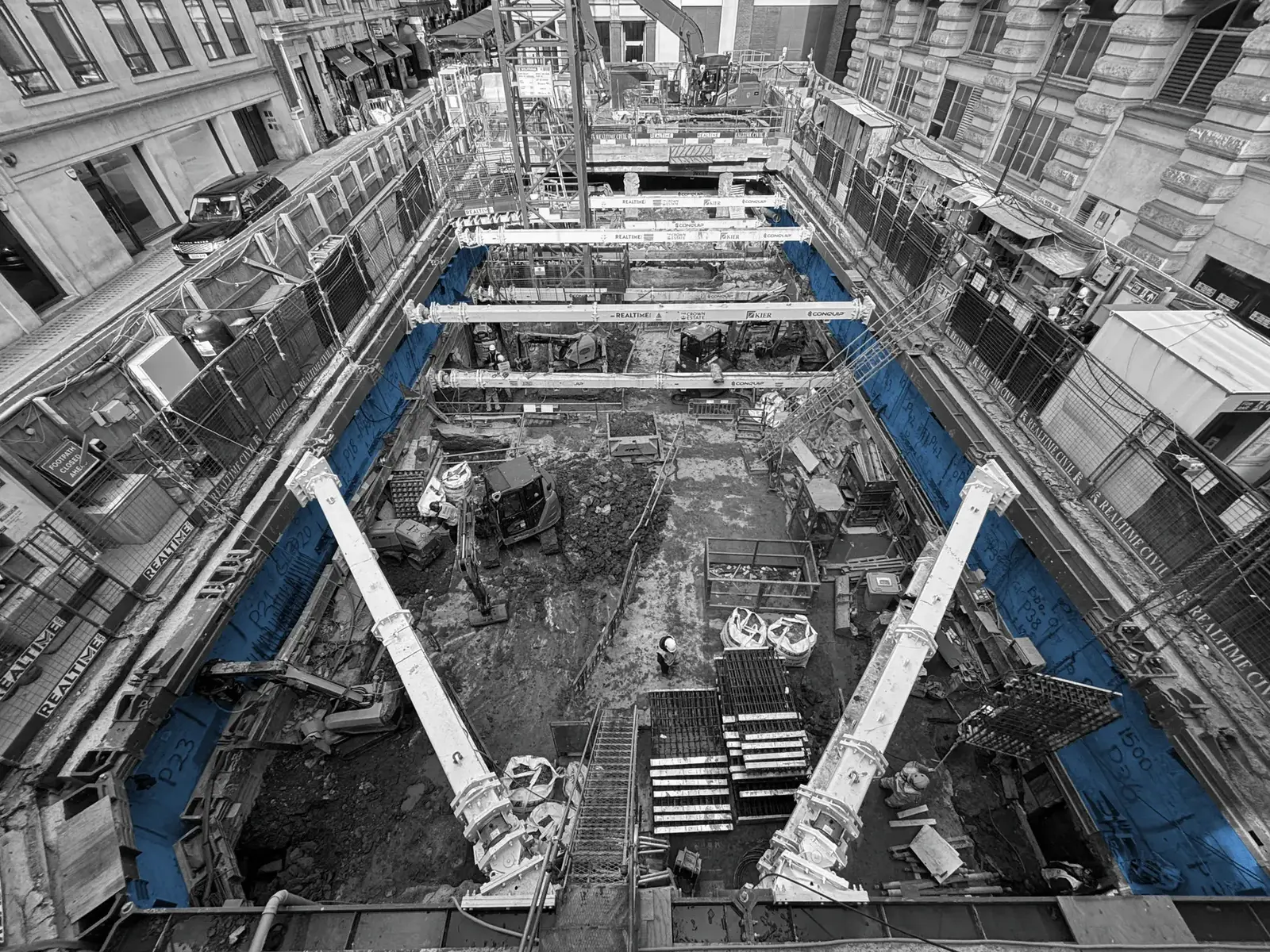 A propped deep-basement excavation in central London, viewed from above